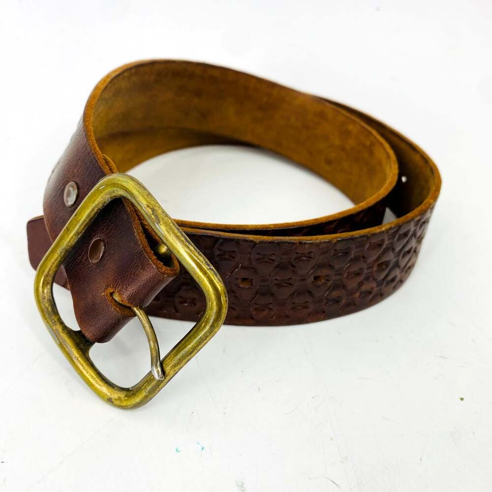 Vintage Brown Tooled Textured Leather Belt Brass Buckle Fits 29-36" Western